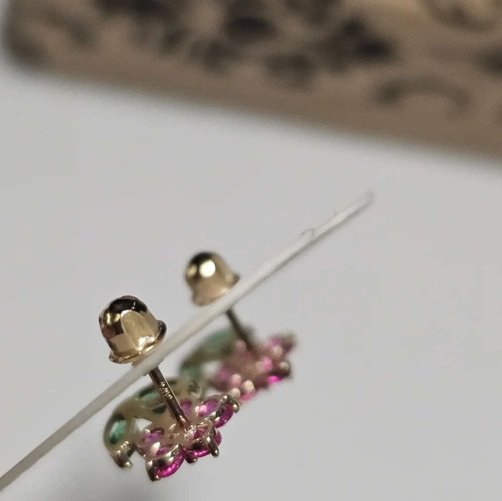 14KT Italian Gold Pink and Green Flower CZ Stud Screw Back Earrings